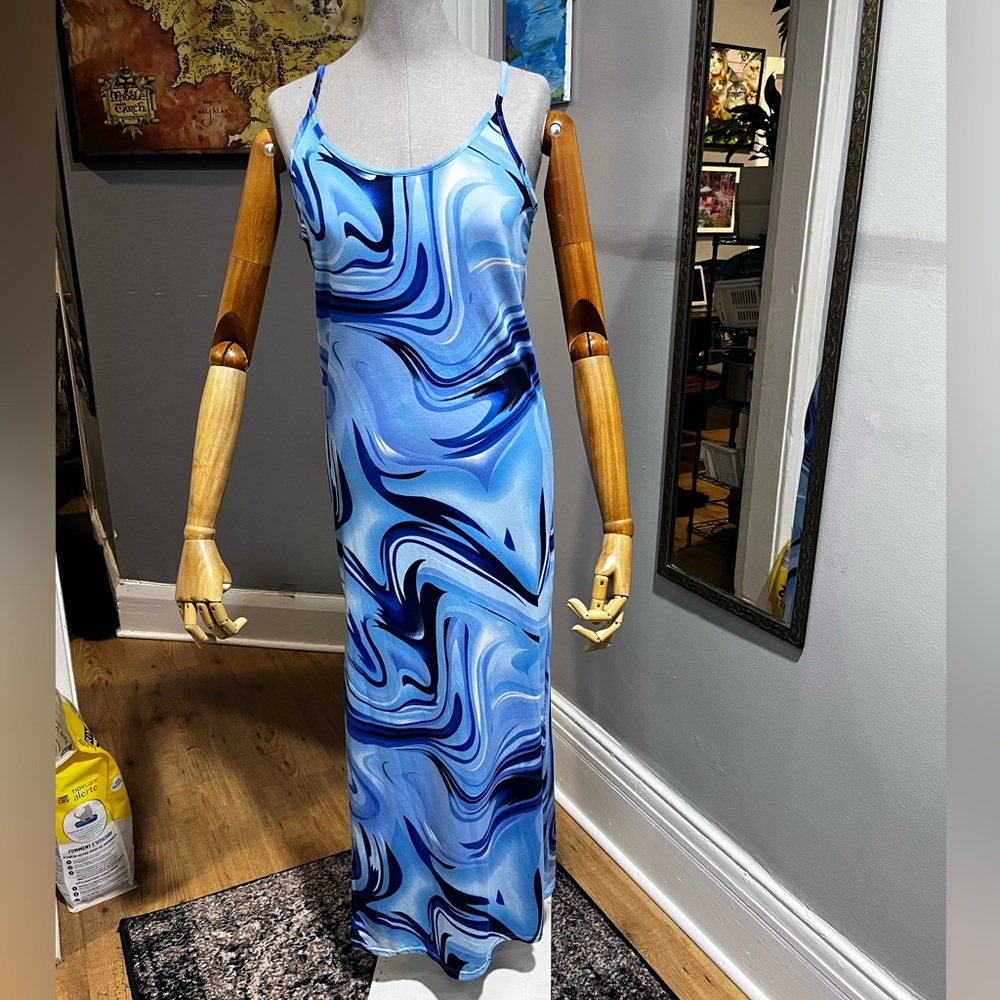 Swirl Pattern Blue Maxi Dress